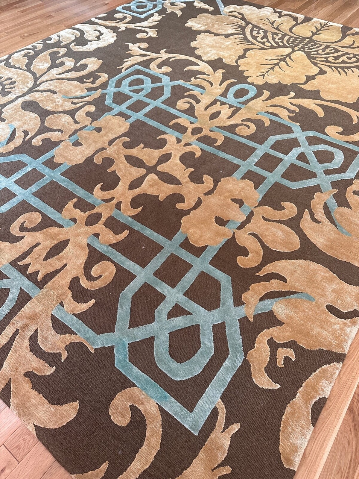 Unique Floral and Geometric Modern Brown, Golden and Turquoise Wool and Silk Rug gallery