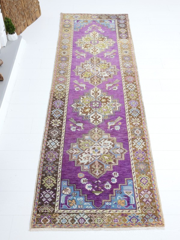 2.10x10.2 Vintage Turkish Runner,Purple Oushak Tribal Hand Knotted Wool Area Rug gallery