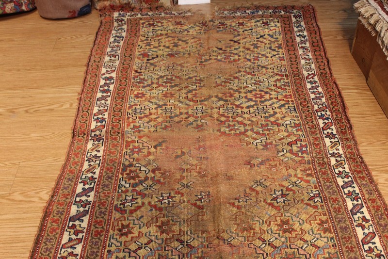 ANTIQUE Caucasian Rug, 12' x 4' Long Antique Original condition, worn, stressed. gallery