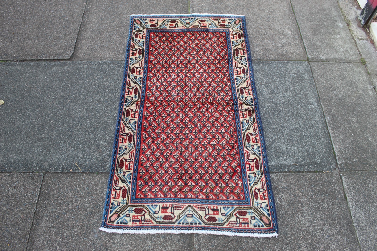 Vintage Hand Made Traditional Rug Oriental Wool Red Blue Small Rug 115x63cm gallery