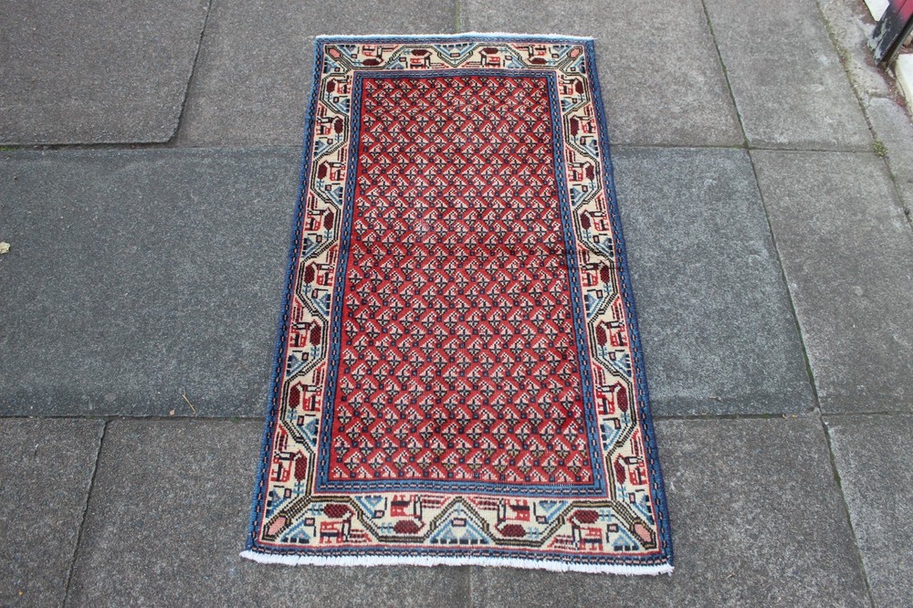 Vintage Hand Made Traditional Rug Oriental Wool Red Blue Small Rug 115x63cm