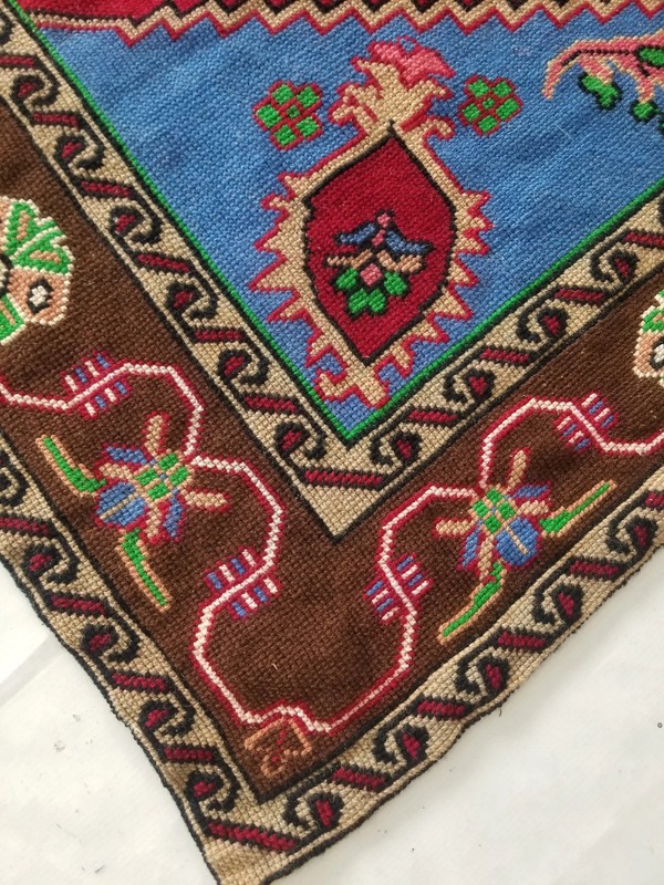Vintage French Needlepoint Handmade Floral Multicolor Wool Rug Carpet 5.8x4.5ft gallery