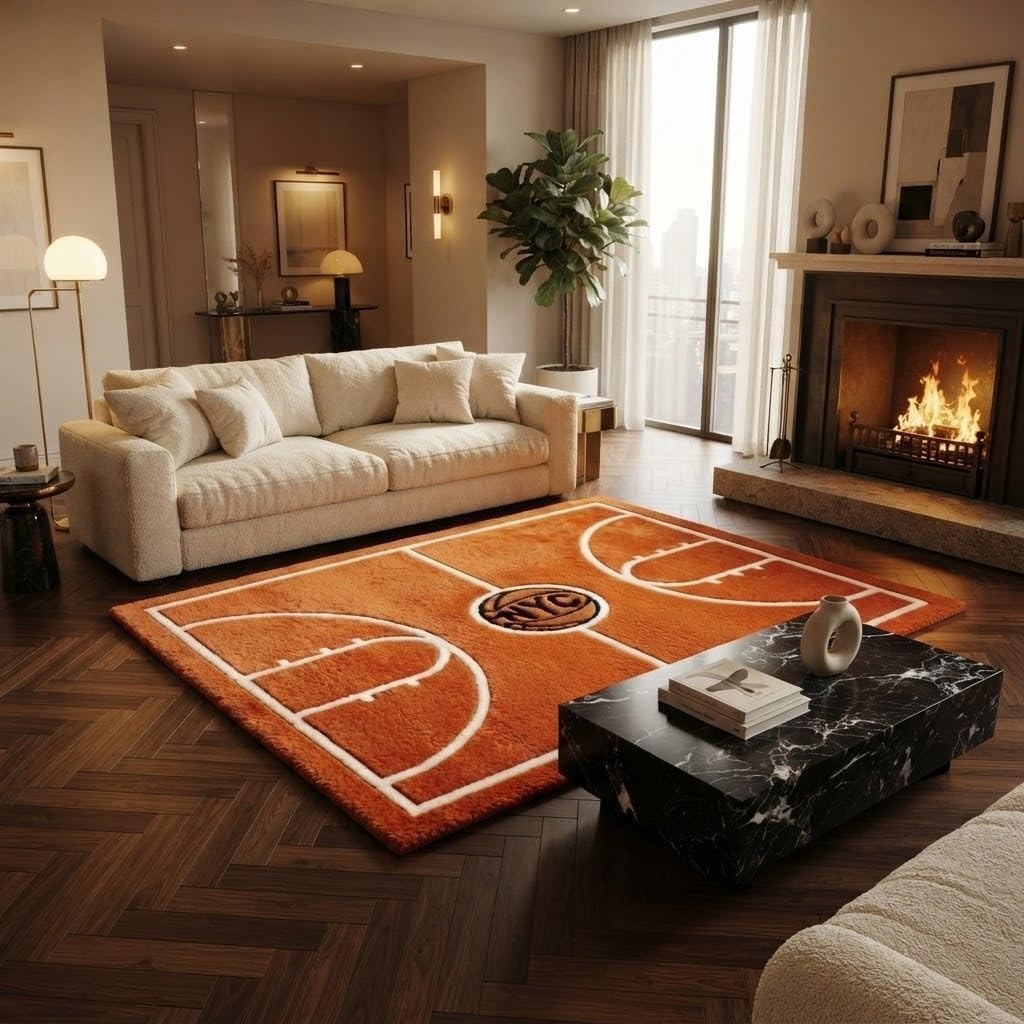 Basketball Court Wool Area Rug Sports Theme Carpet for Playroom & Home Décor gallery