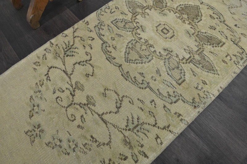 Vintage Turkish Runner Rug 2x7ft Wool Anatolian Handmade Hallway Oushak BEIGE gallery