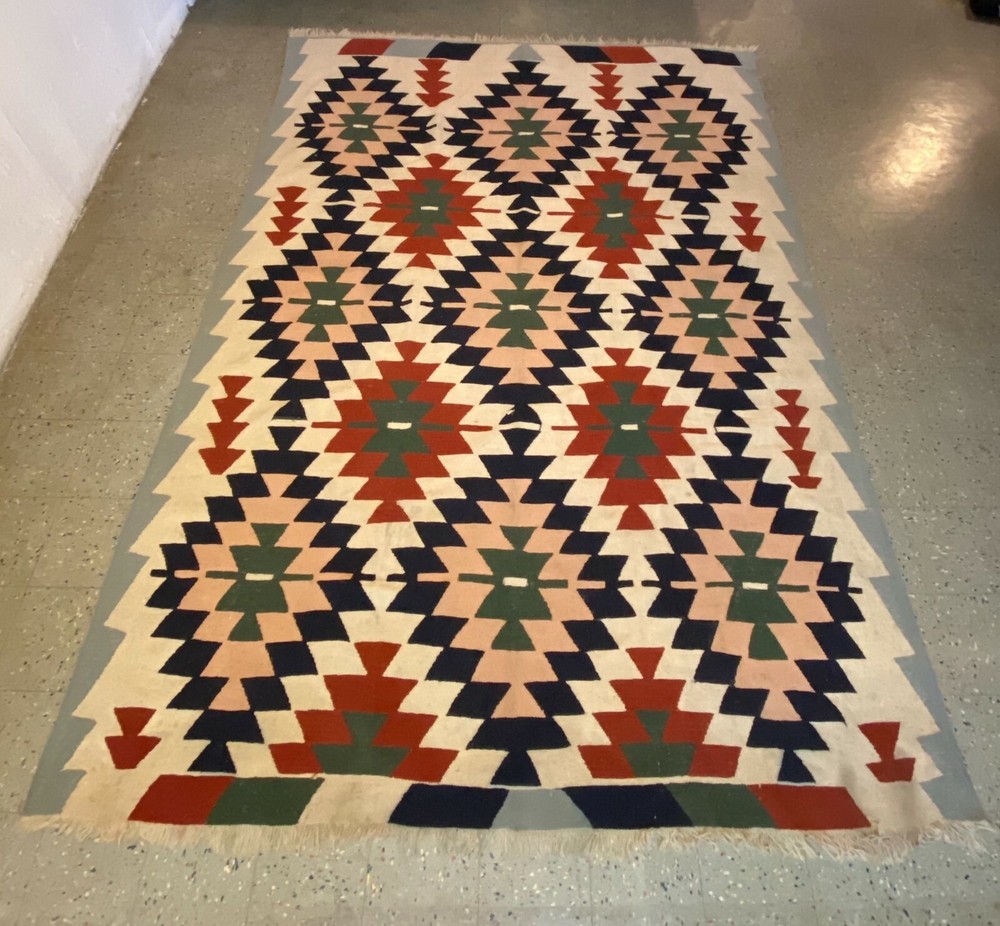 Vintage Antique Wool Handwoven Flat Weave Turkish Aztec Fringed Area Rug 7'x9'