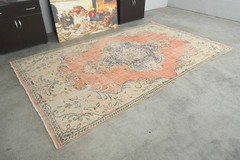 6×10 Turkish Antique Large Wool Rug Hand-Knotted Neutral Vintage Oushak Rug,743