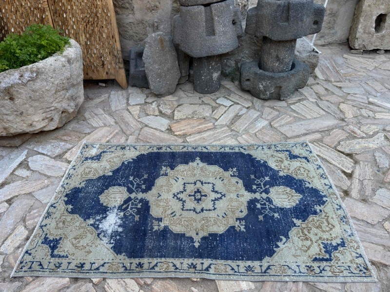 Hand-Knotted Turkish Carpet 3x5 Blue Wool Distressed Rug Muted Anatolian Carpet gallery