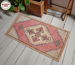 Small Vintage Oushak Rug 2×3 Pink Blue Turkish Hand Knotted Wool Mat 1’8″x3’4″