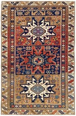 Antique Caucasian Shirvan Rug 3’4″×5′ Blue Symmetric Design, Ivory Border