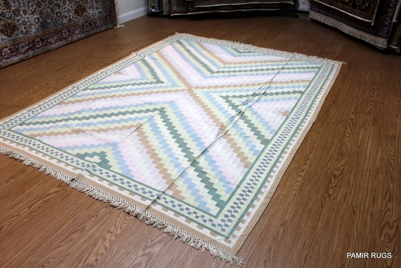SOUTHWESTERN STYLE Hand made 8X10 WOVEN LIGHT BLUE BEIGE & KHAKI Navajo design gallery