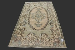 Vintage Turkish Oushak Rug, Green 5×8 ft, Handmade Wool, Bohemian Anatolian