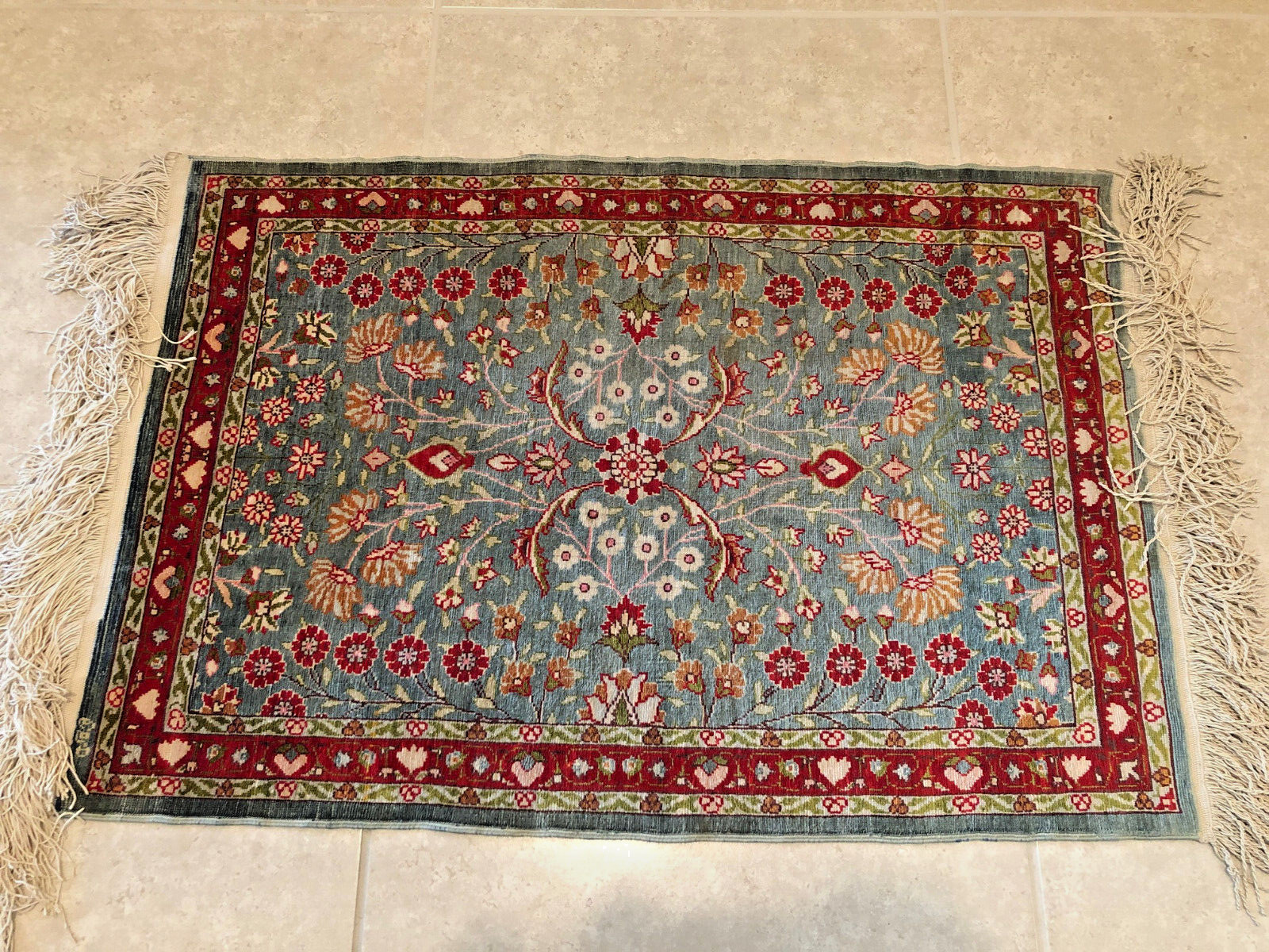 GORGEOUS: Handmade Silk Turkish Rug/Carpet - Rare All Floral Turquoise - SIGNED gallery