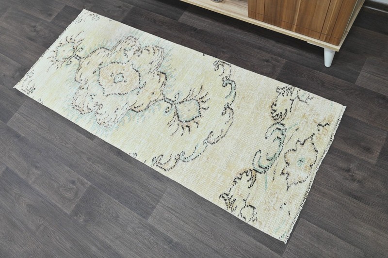 Vintage Turkish Runner Rug 2x5ft BEIGE Handmade Anatolian Oushak Hallway Wool gallery