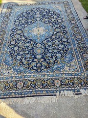 Antique Hand-Knotted Wool Medallion Area Rug Blue Beige Yellow Floral Design