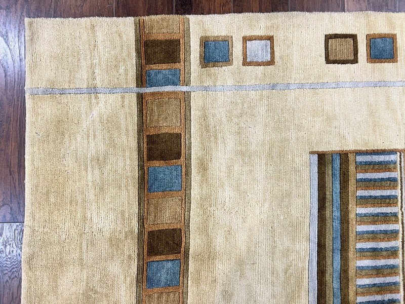 Tibetan Rug 5x8 Contemporary Modern Cream Brown Blue Handmade Wool & Silk Carpet gallery
