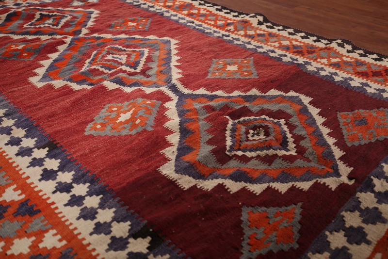 Hand-Woven Vintage Kilim Rug 5x7 Ft Geometric Orange / Red Wool Oriental Carpet gallery