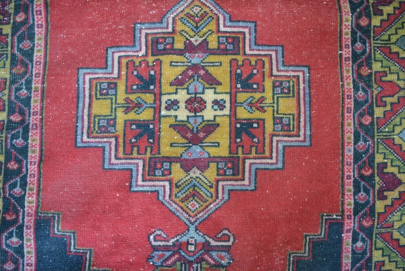 Multicolor Turkish Vintage Carpet, 3.9x7ft, Red Antique Medallion Bordered Rug gallery