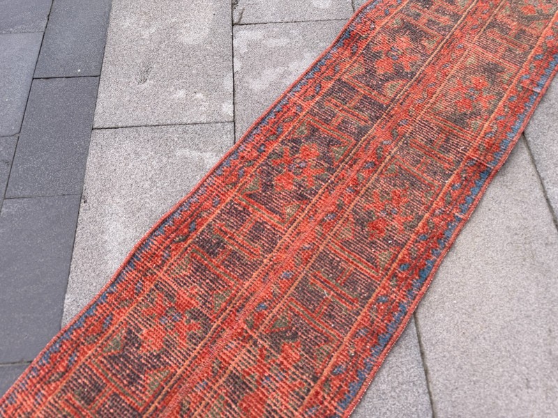 Vintage Turkish Runner Rug 1.5x11.6 ft Red Blue Oushak Hallway Rug gallery