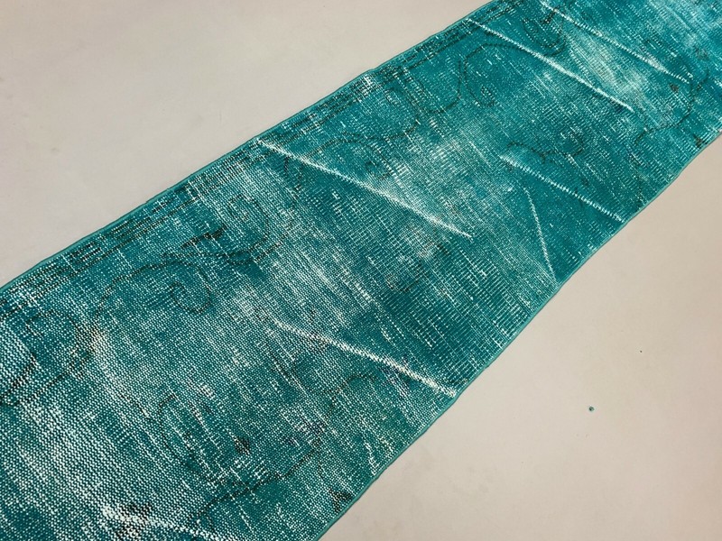 Distressed Turkish Narrow Runner 255x55 cm wool Vintage rug, Overdyed Blue gallery