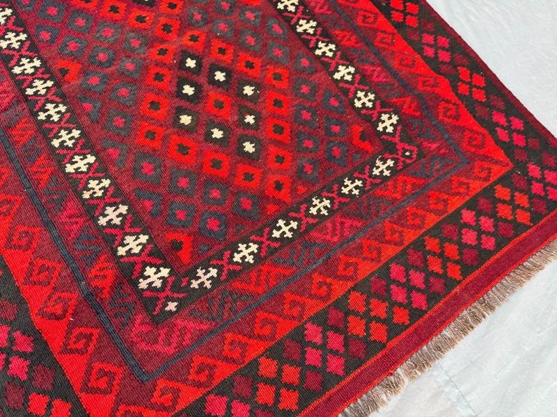 Vintage Afghan Ghelmori Kilim Rug, Handwoven Tribal Red Black Geometric Rug gallery