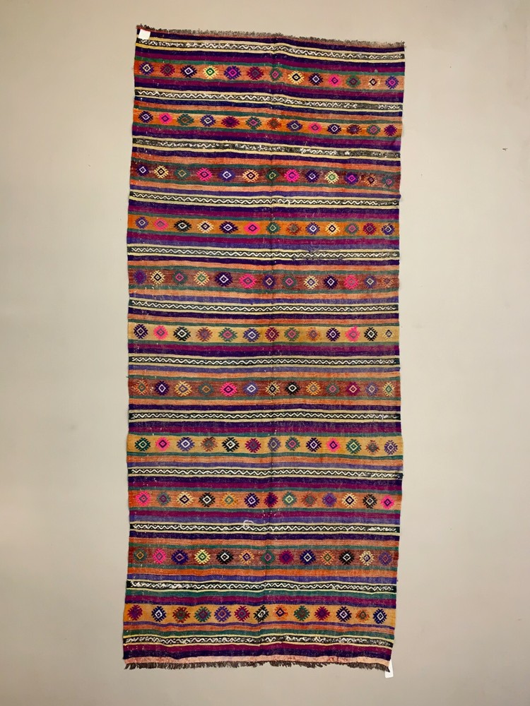 Colourful Vintage Turkish Kilim 318x138 cm Kelim Rug Wool Red Green Black Large