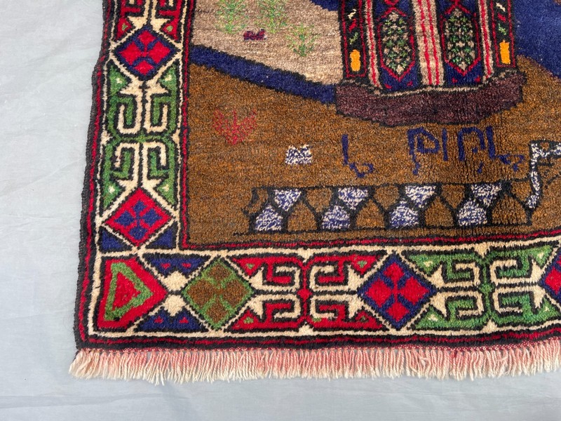 2'11x4'9 ft Vintage Afghan Pictorial HandKnotted Wool Minaret Landscape Area Rug gallery