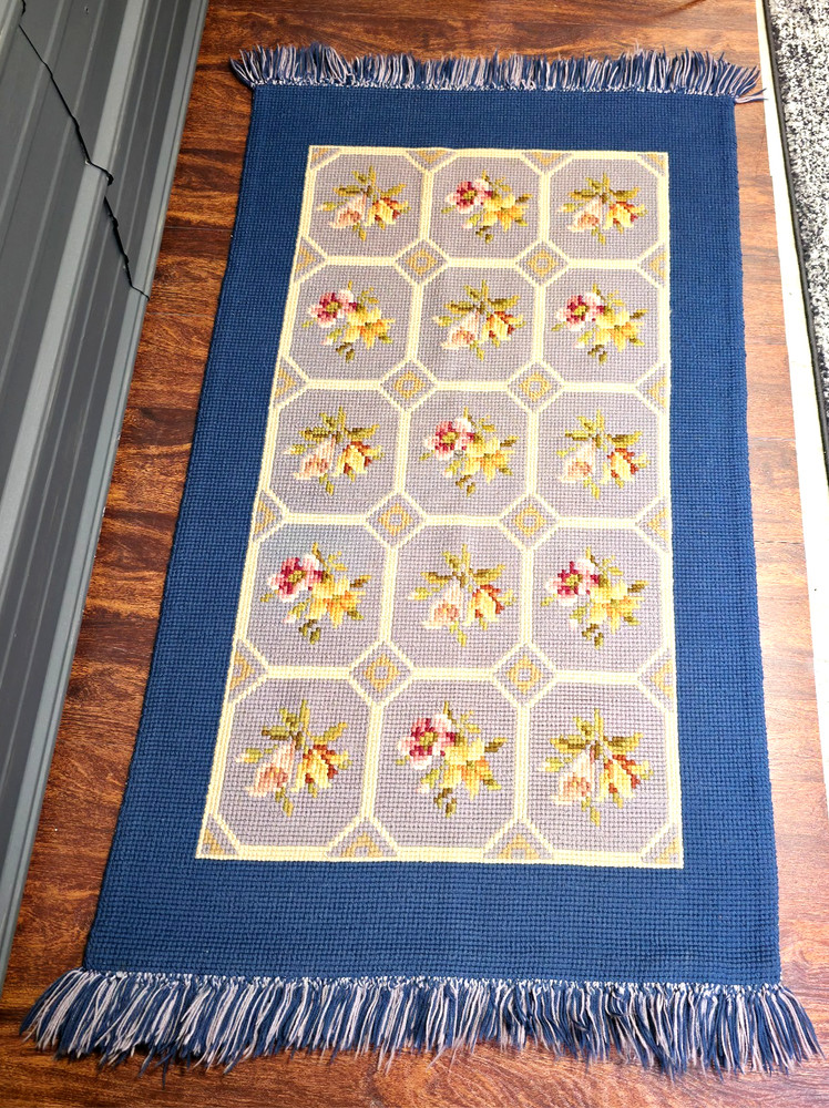 Vintage Needlepoint Floral Runner Rug Navy Blue Wool Lattice 53x28 Cottage Style