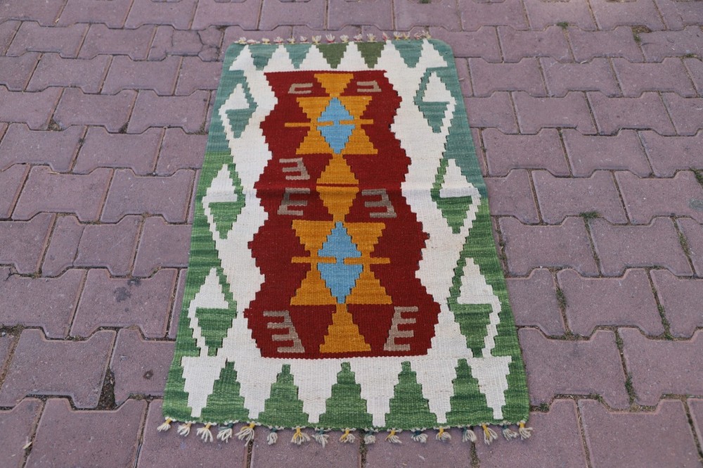 Cappadocia Handmade Green Kilim Carpet Anatolian Ethnic Foyer Small Rug 2x4ft