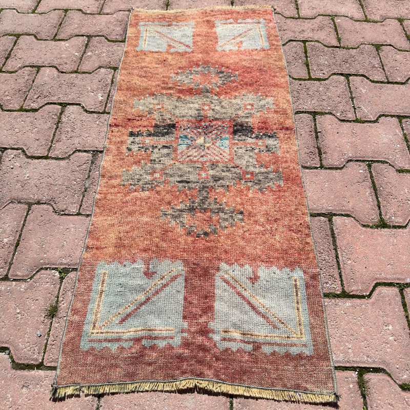 Peach Gray 1x4 ft Vintage Turkish Oushak Wool Rug- Tariff Free gallery