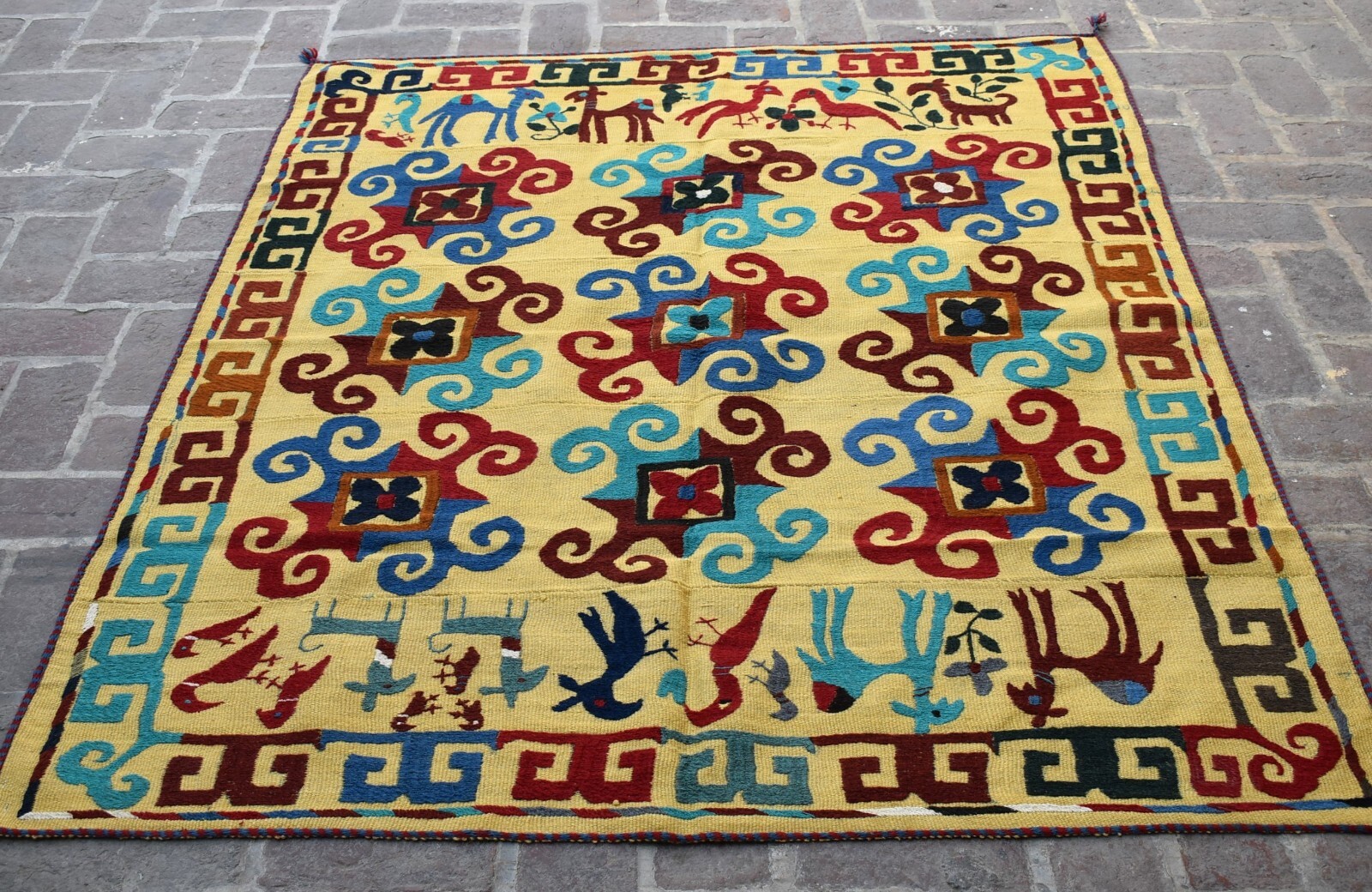 5x6 ft Square Vintage Afghan Suzani Kilim Area Rug Handmade Geometric Yellow Rug gallery
