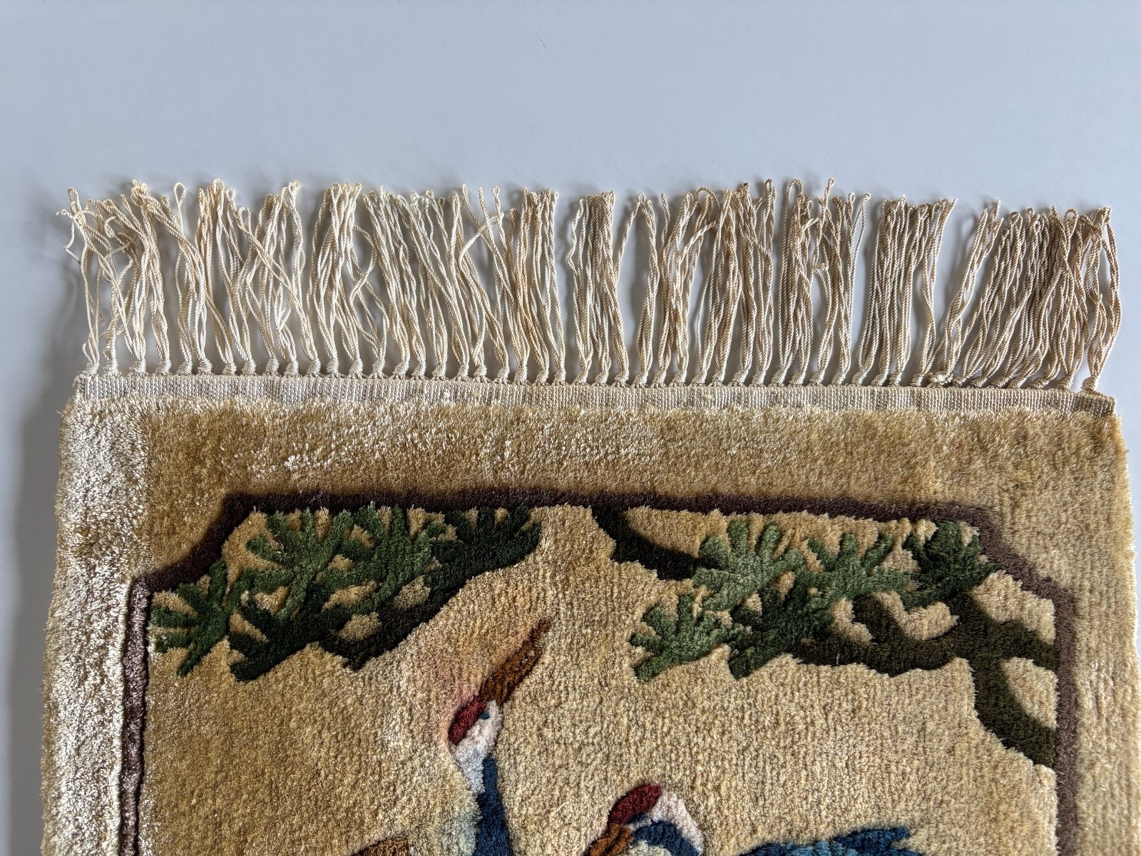Vintage Pine & Crane Chinese small Silk Rug/Wall Hanging, birds & trees, no tags gallery