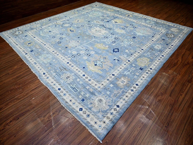 11'8"x11'9" Air Force Blue, Angora Pile Oushak with All Over Motifs Natural Dye gallery