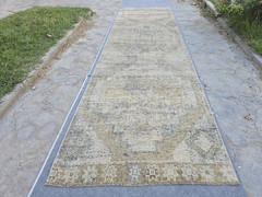 Vintage Turkish Runner Rug 3×11 Soft Wool Oushak Brown Black Green Blue Beige