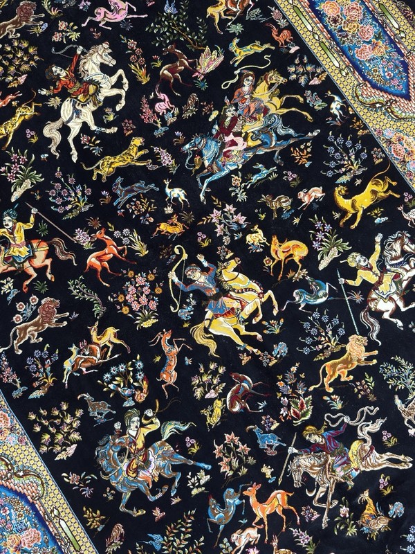 1.5x2.25m Pers,ian Q,u,m Shikargah Hunting Scene Rug Black Bamboo Silk Pictorial gallery
