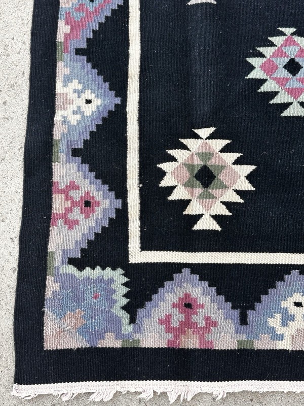 Vintage Wool Dhurrie Rug Handwoven Geometric Patterns Purple On Black “AS IS” gallery