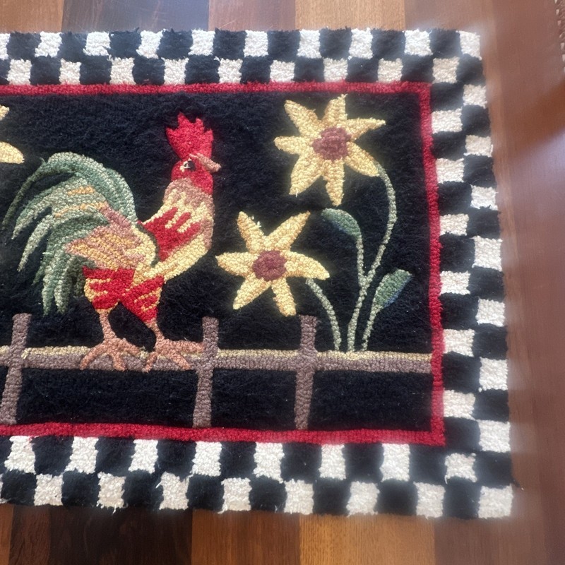 Vintage Hooked Wool Rug Rooster Sunflowers Checkered Border 2x3 #1 gallery