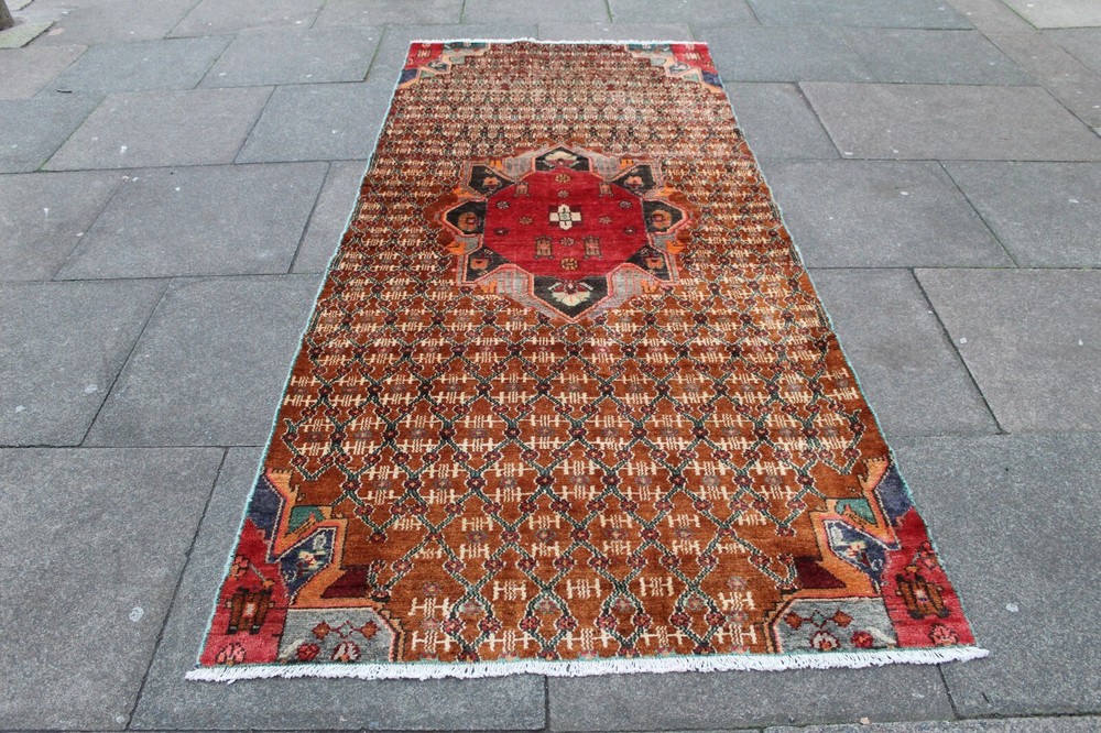 Vintage Hand Made Traditional Oriental Wool Brown Long Rug Runner 261x116cm