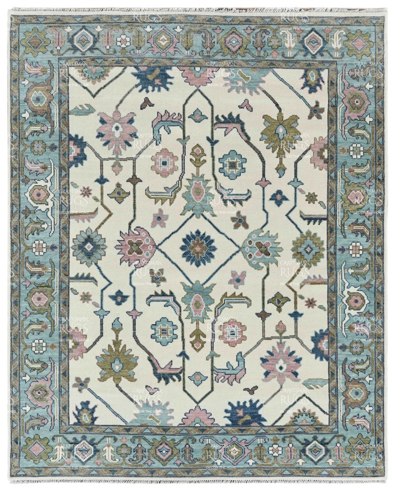 Oushak-Style Floral Geometric Rug – Blue & Pink Accents 8x10 ft