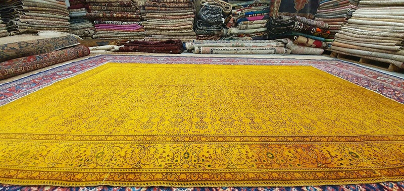 Antique 1930-1940's Distressed Wool Pile Saffron Orange Oushak Rug 6'2" x 9'6" gallery