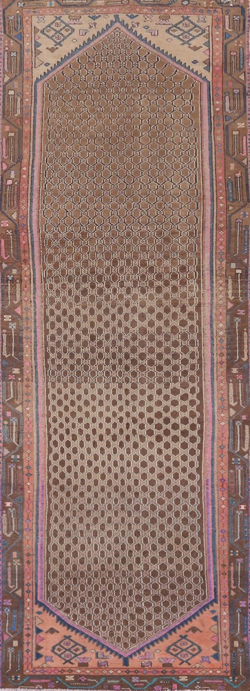 Brown Geometric Tribal Traditional Hand-knotted Hallway 11 ft Runner Rug 3x11