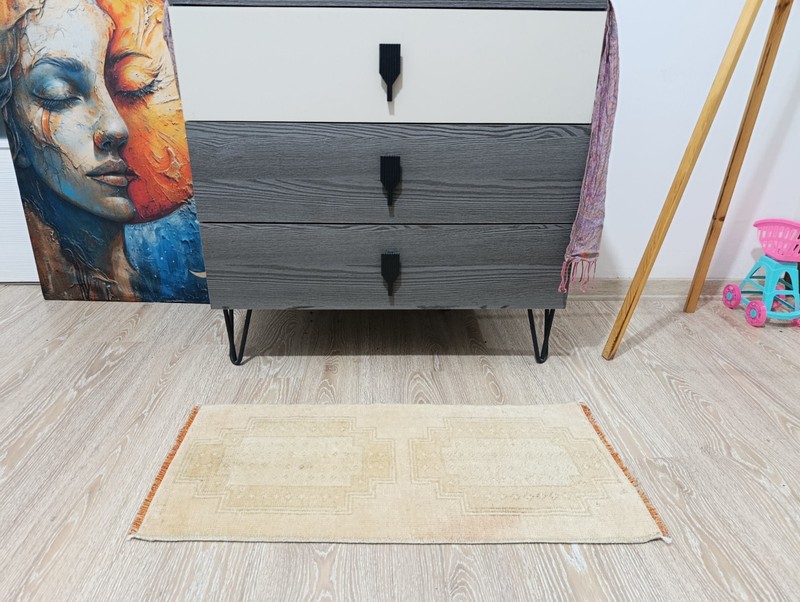 Modern Turkish Vintage Geometric Rug, 1'2x2'6 ft, Beige Doormat, Farmhouse Mat gallery