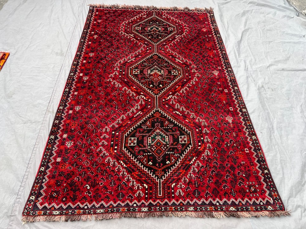 5'0 x 7'10 Ft Vintage Afghan Baluchi Red Geometric Medallion Handmade Wool Rug