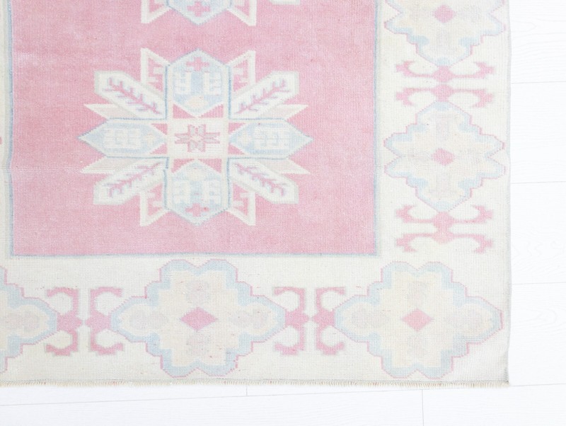 Modern Turkish Oushak Pink Blue Vintage Rug 4x5.5 ft Hand-Knotted Wool Carpet gallery