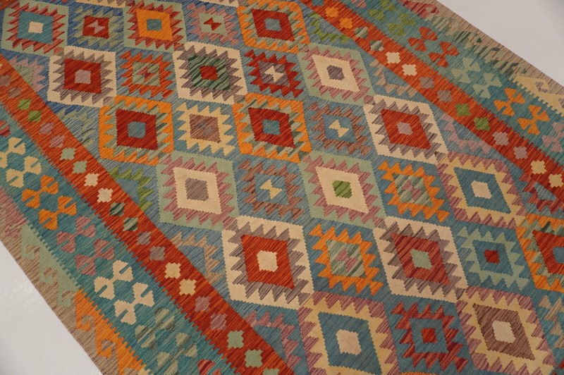 7x10 Blue Gray Reversible Afghan Hand Woven Wool Bohemian Area Rug 6'5"x9'9" gallery