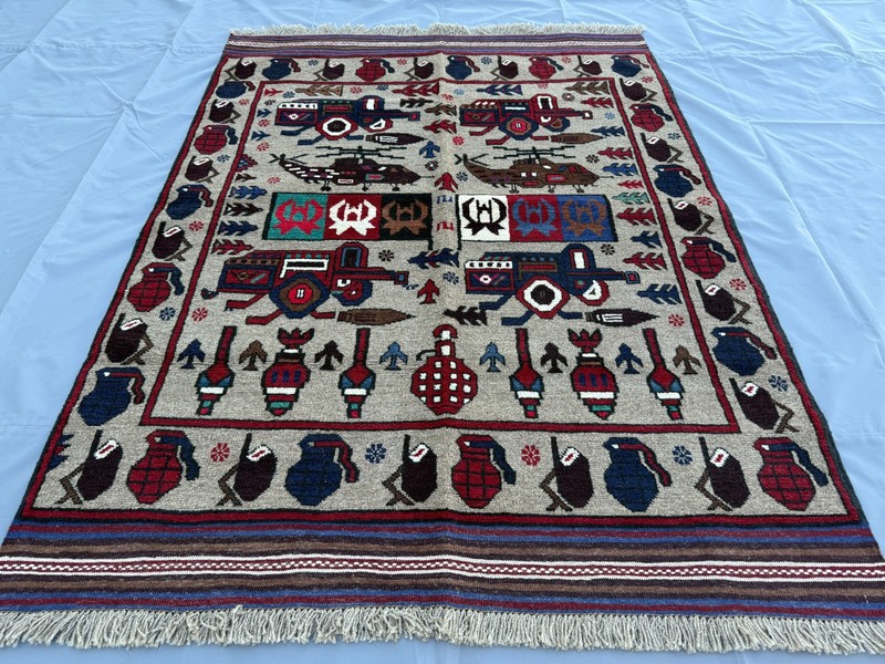 Fine Hand Knotted Afghan War Rug 4x6 ft Vintage Persian Style Pictorial Carpet gallery