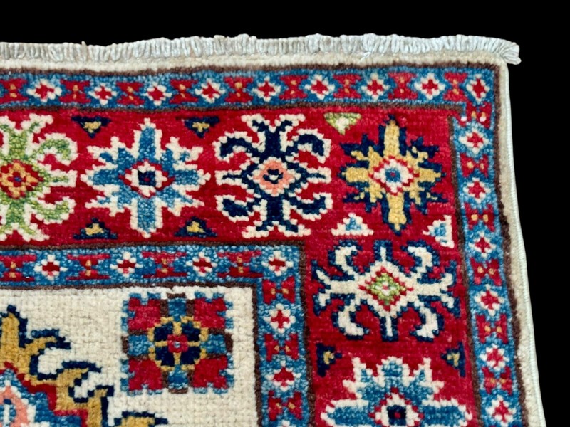 Brand New Colorful Tiny Runner Handmade Ivory Blue Red Geometric Wool Kazak 2x6 gallery