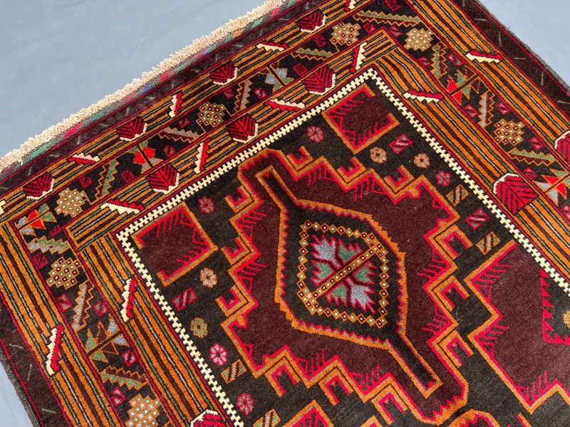 3'7x6'6 ft Vintage Afghan Baluchi Hand-Knotted Bold Geometric Red & Brown Rug gallery