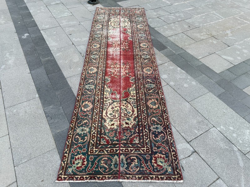 Vintage Red Turkish Runner Rug 2.8x9.7 Ft Handmade Wool Hallway Carpet Distresse gallery