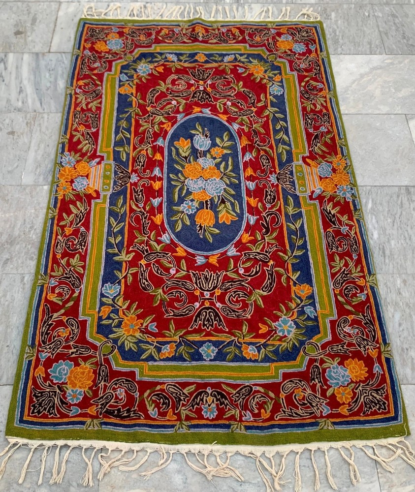 Vintage Aubusson Rug: French Style Handmade Chain Stitch, Wool Carpet 3x5 ft