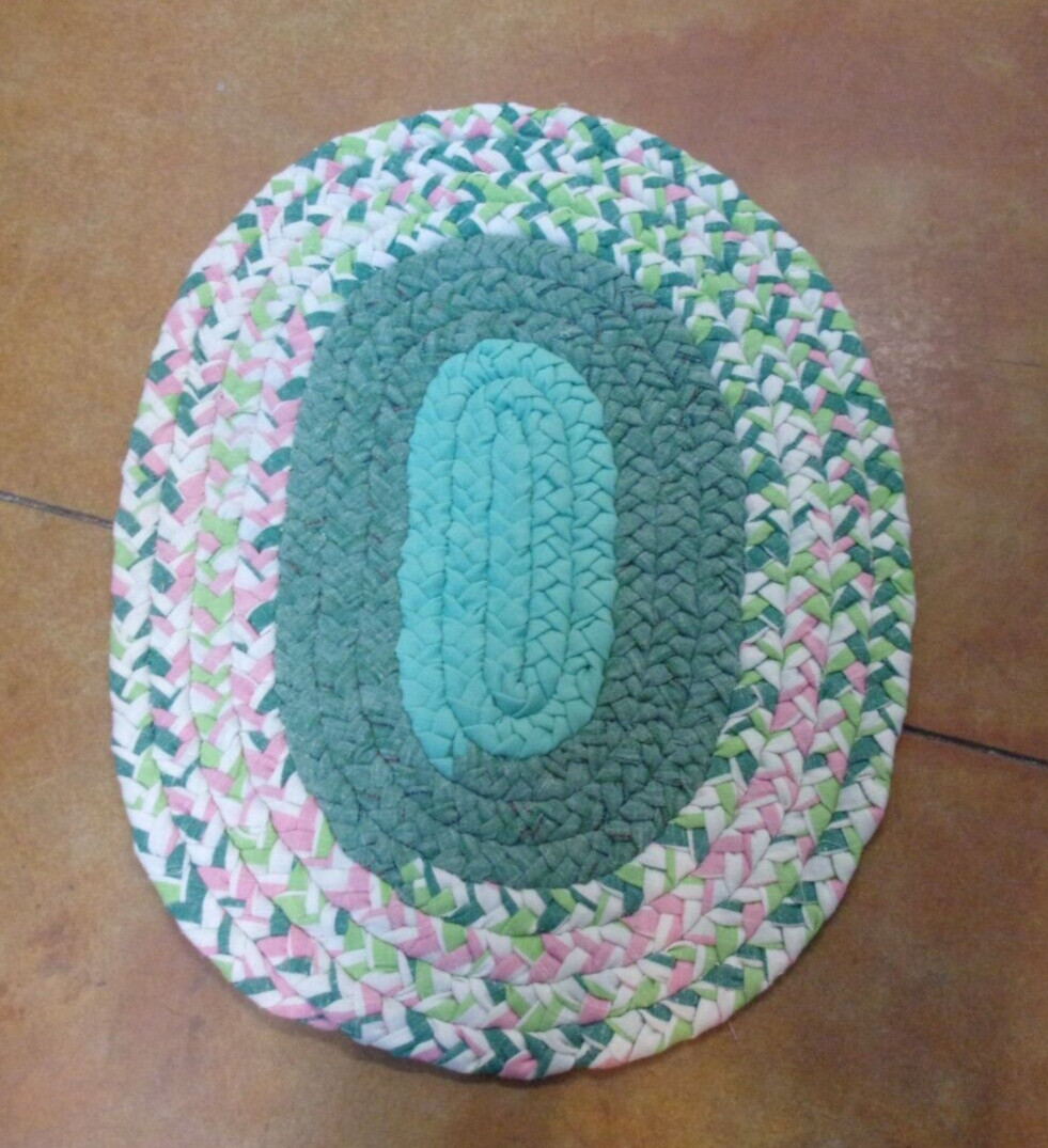 Handmade Vintage Braided Rug - New/Unused - 26" Long X 21" Wide - Green/Pink gallery